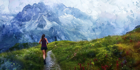 Naklejka premium A runner jogs along a scenic trail, the crisp mountain air filling her lungs and invigorating her spirit
