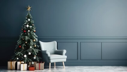 Elegant Christmas Tree Decorated With Ornaments and Gifts Beside Cozy Chair in a Tastefully Arranged Living Room