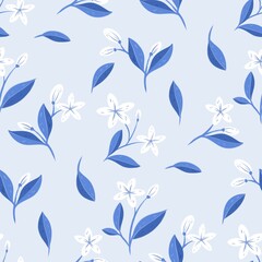 Seamless pattern with blue leaves and white flowers. Print for wallpaper, cards, fabric, wrapping paper, backgrounds, textures