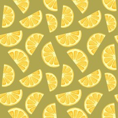 Seamless pattern with lemons and green background. Print for wallpaper, cards, fabric, wrapping paper, backgrounds, textures