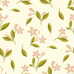 Seamless pattern with green leaves and pink flowers. Print for wallpaper, cards, fabric, wrapping paper, backgrounds, textures