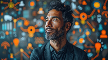 Fototapeta premium A man with a beard and glasses is looking at a wall with a lot of different shapes and colors