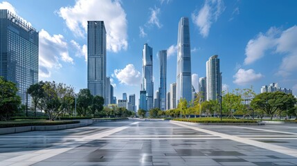 Fototapeta premium Modern Cityscape with Skyscrapers and a Spacious Plaza
