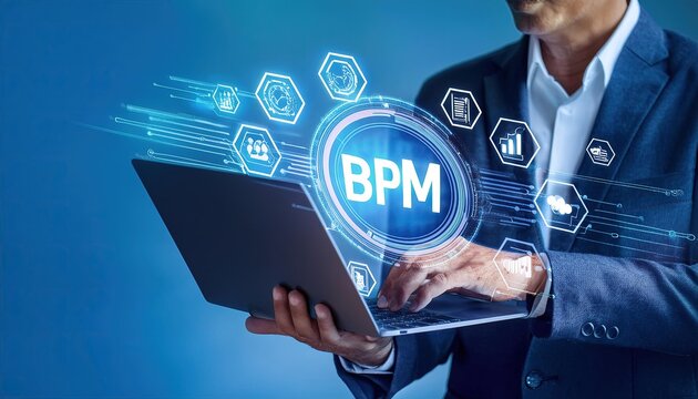 BPM, Business Process Management Concept. A businessman works on a laptop with virtual icons representing business process management, various elements of business strategy, efficiency, and workflow.