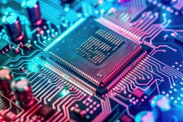 Obraz premium Close-up of a modern computer microchip on a motherboard with neon lighting, representing advanced technology and electronics.
