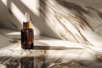 Naklejka premium Elegant dropper bottle with golden cap on a marble surface in warm light, perfect for skincare and beauty product presentations.