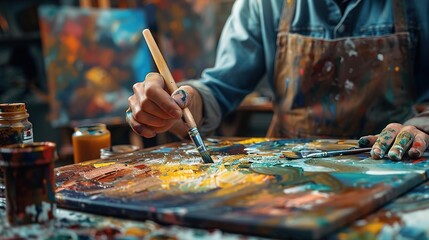 Fototapeta premium Artist Painting with Brush on Palette - Closeup Photo
