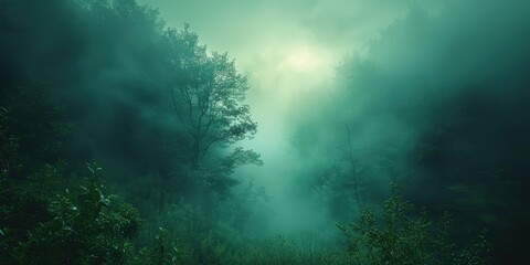 Fototapeta premium Enchanting Misty Forest Landscape with Lush Greenery