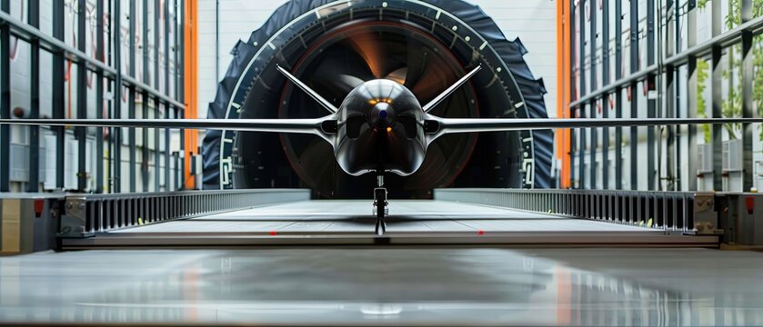 Modern aircraft in wind tunnel testing facility for aerodynamic analysis and research. High-tech aviation engineering and innovation.