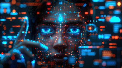 Fototapeta premium A woman's face is projected onto a computer screen, with a blue eye and a red eye. The image is a representation of the idea of technology and its impact on human identity