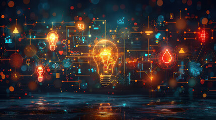 A colorful image of a light bulb surrounded by various icons and symbols. Concept of creativity and innovation, as well as the idea of a bright idea or a new concept