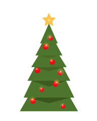 Vector illustration of decorated Christmas tree with balls and star. 