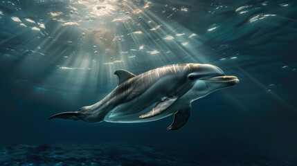 Obraz premium Dolphin Swims Through the Deep Blue Ocean Water With Rays of Sunlight Shining Down