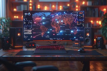 A Gamer s Desktop with World Map Display on Curved Monitor