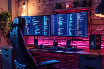 A gamer s setup with dual monitors displaying code  illuminated by pink and blue lights