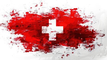 Abstract Artistic Representation of the Swiss Flag with Bold Brushstrokes and a White Cross on a Red Background