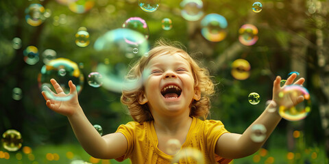 A child laughing hysterically while chasing bubbles in a lush green park.