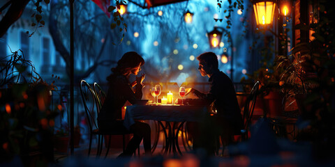 A couple sitting at a romantic table for two, candles flickering as they share a intimate conversation.
