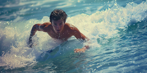 A young man surfing the waves his board cutting throughh the waves.