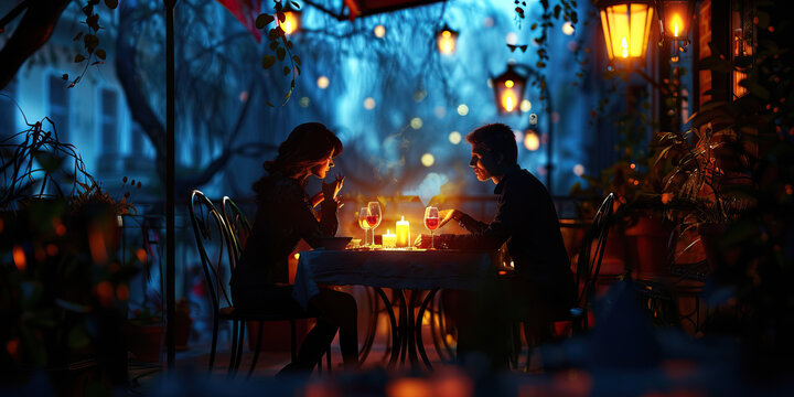 A couple sitting at a romantic table for two, candles flickering as they share a intimate conversation.