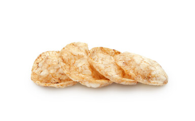 Round brown rice chips, salty crispy snack isolated on white background      