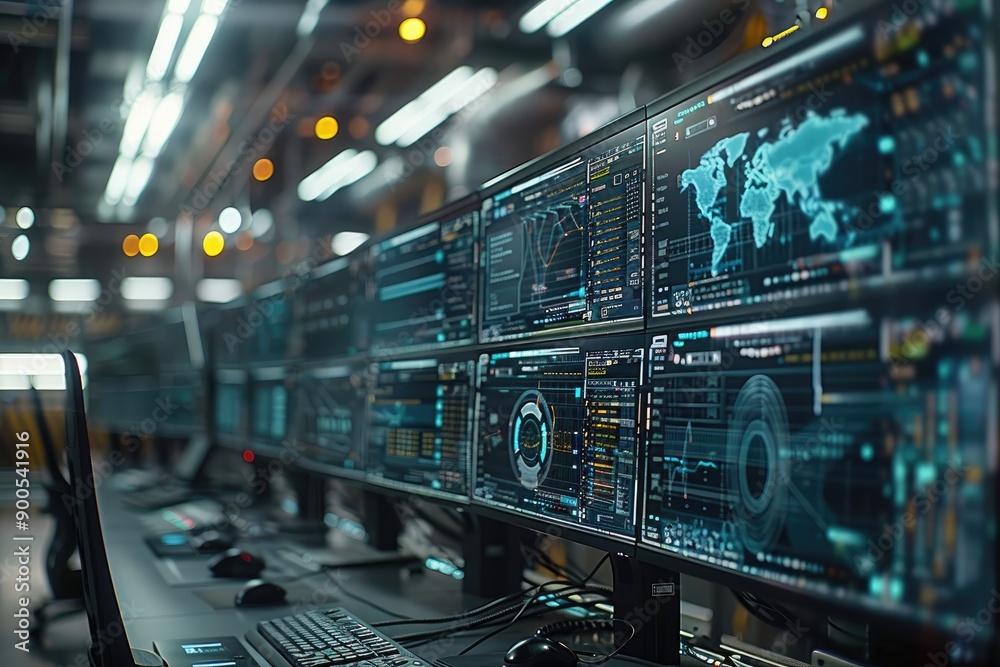 Poster a row of computer monitors displaying data and a world map