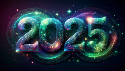 カレンダー。2025年を想像しながら、数字が輝くSFとファンタジーの世界に思いを馳せる。宇宙とギャラクシーの広大な広がりを背景に、コスモがカラフルな彩りと高い彩度で発光し、未来の明るい希望にワクワクが止まらない。