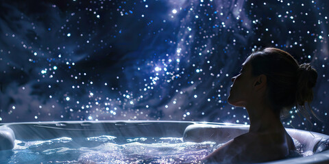 Obraz premium A woman relaxing in a hot tub, gazing up at the stars as steam swirls around her