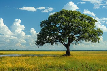 A Single Tree Stands Tall in a Grassy Field Under a Blue Sky with White Clouds