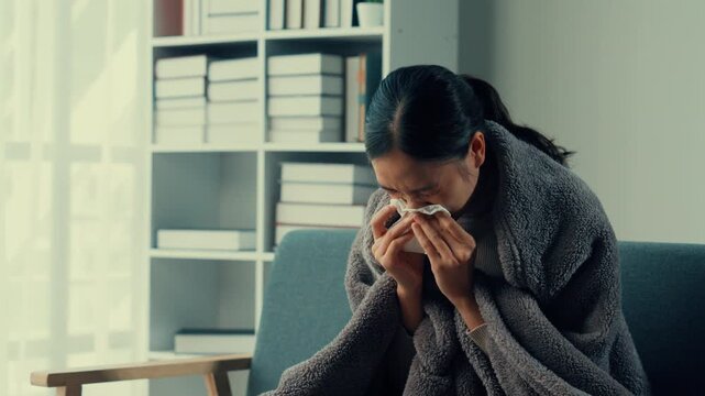 Young woman in an office setting experiencing cold symptoms. She sneezes, uses tissues, and shivers while wrapped in a blanket. Office background with shelves and files
