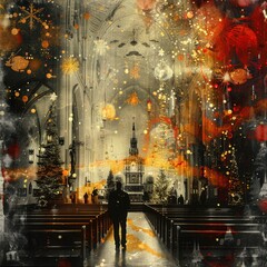 Obraz premium Contemporary Art Collage of Christmas Eve Service in Decorated Church