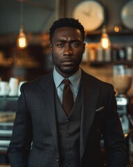 Fototapeta premium Fashion Shoot of African American Adult with Birthmark at Coffee Shop