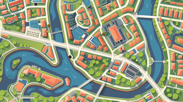 Flat style city map with river and buildings