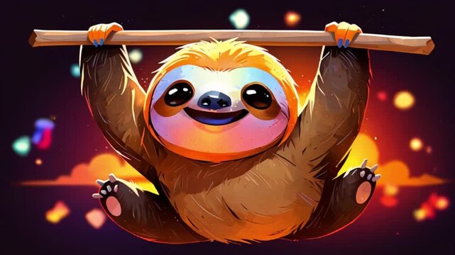 夕焼け背景に浮かぶナマケモノの楽しいアニメーションデザイン