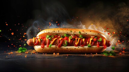 Hot Dog with Mustard, Ketchup, and Chili Peppers on a Black Background with Smoke and Spices Exploding