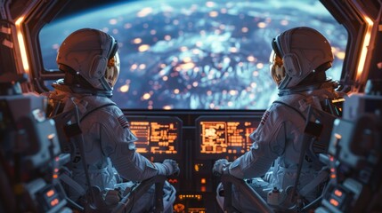 Two astronauts inside a spacecraft using 3D holographic technology to talk to mission control on Earth. The spacecraft is equipped with state-of-the-art technology, and the large window offers a