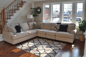 Beige Sectional Sofa with Pillows in a Living Room with Hardwood Floors and a Window