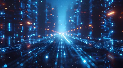 Obraz premium High-tech digital grid, blue light beams, horizon perspective, futuristic landscape, glowing lines converging to a central point, abstract technology background.