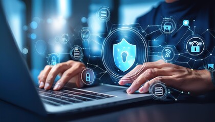 Zero Trust Security Concept. A person types on a laptop with virtual icons zero trust security, cloud protection, business information network security, shields, connectivity, cybersecurity measures,