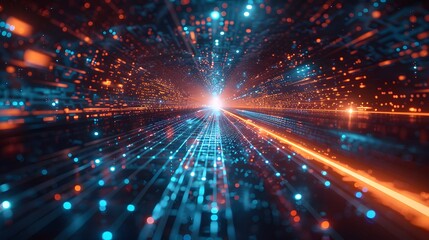 Obraz premium High-tech digital grid, blue light beams, horizon perspective, futuristic landscape, glowing lines converging to a central point, abstract technology background.