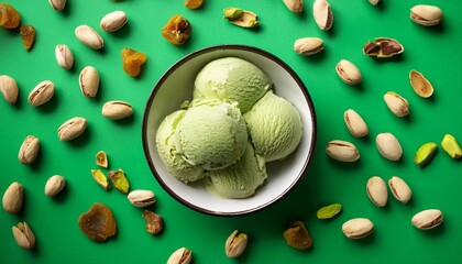 Bowl of green pistachio ice cream and dried fruit pieces isolated on green background. Top view
