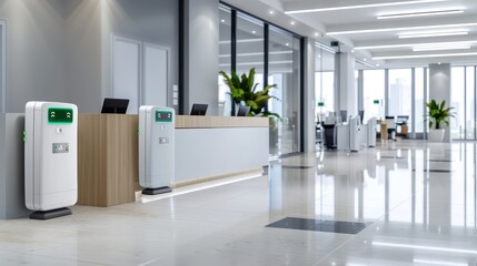 Advanced Security in Modern Office with Facial Recognition Devices, Access Control Technology, Secure Workspace Design