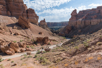 Charyn Canyon in Kazakhstan. A sunny day, rocks and a dried-up riverbed