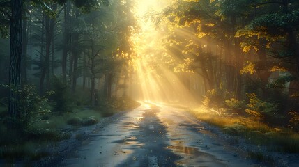 Misty forest road at dawn, bright sunbeams piercing through trees, golden morning light, dew-covered asphalt, atmospheric fog, sun-dappled path, lush green foliage.