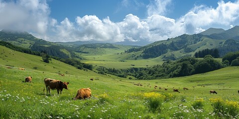 Lush Green Alpine Meadow with Grazing Cattle under Dramatic Cloudy Sky