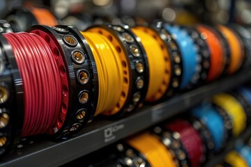Fototapeta premium Close up of Colorful Coiled Cables on a Black Shelf