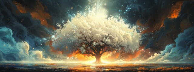 A large white tree with light shining from it, in a mythical symbol style, light blue and orange, a powerful symbol.