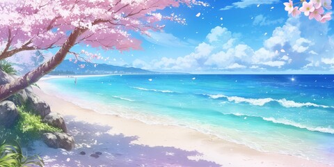 Tranquil Seascape with Blooming Cherry Blossoms