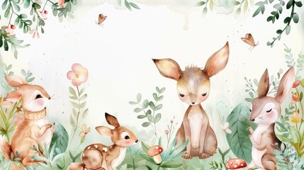 Cute animals and plants in a watercolor frame, offering a whimsical backdrop for text.