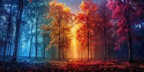 Naklejka premium Enchanted Autumn Forest Landscape with Vibrant Colors and Mystical Atmosphere
